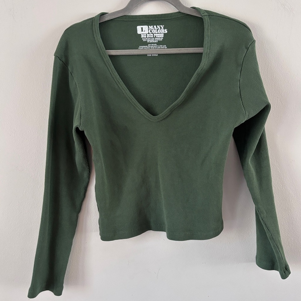 Big Bud Press Many Colors Green Long Sleeve V-Neck Ribbed Tee Made in USA Size L